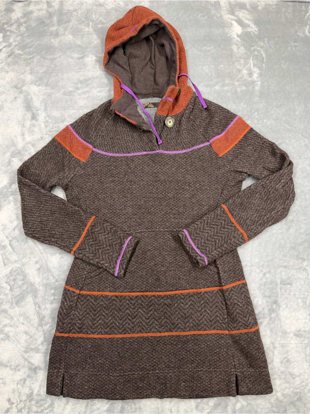 Prana Brown Knit Hooded Wool Sweater Dress with Orange & Purple Trim